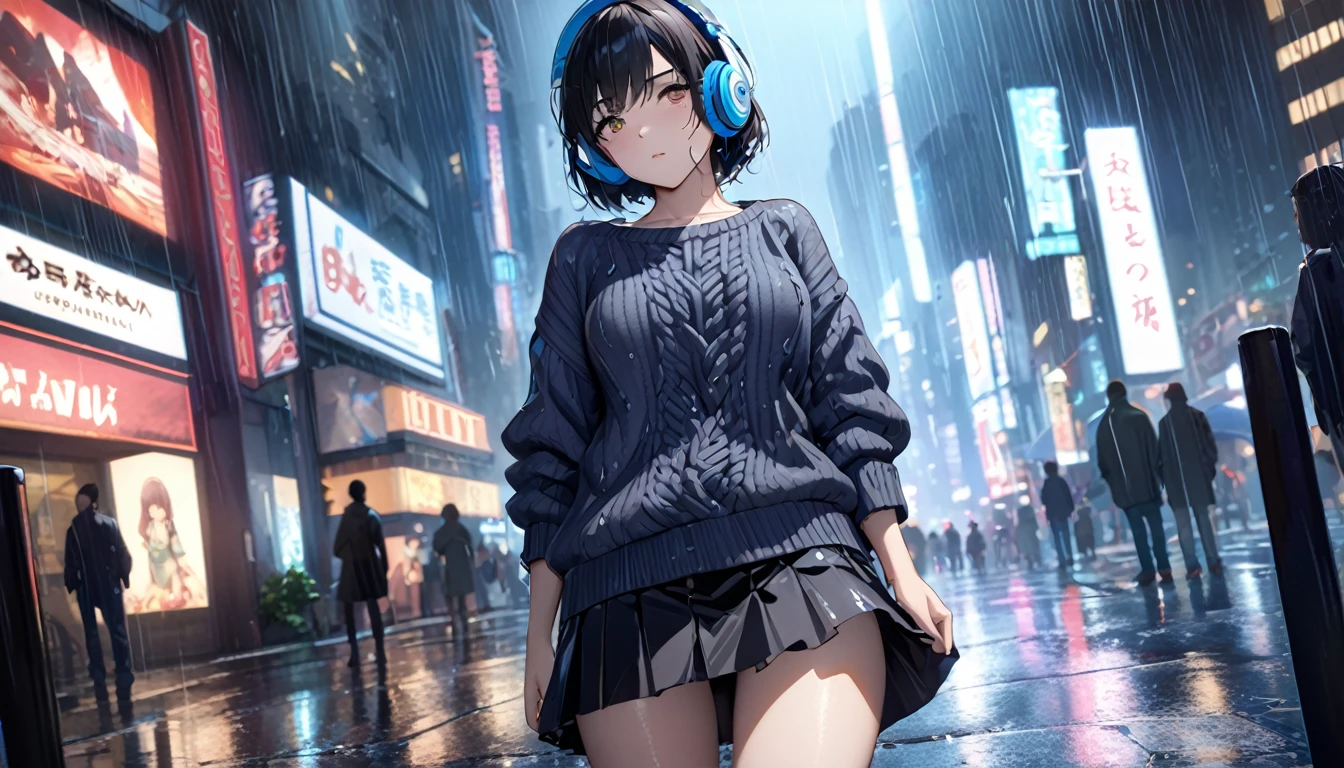 8k，masterpiece，Highest quality），Hyper Detail，Realistically，Highly detailed face、pupil，City lights，Ray Tracing， heavy rain，Short black hair、((Large knit、skirt))Slim and beautiful thighs、Rain-soaked clothes，Written boundary depth ，cinema lens lighting、Night view((Headphones))