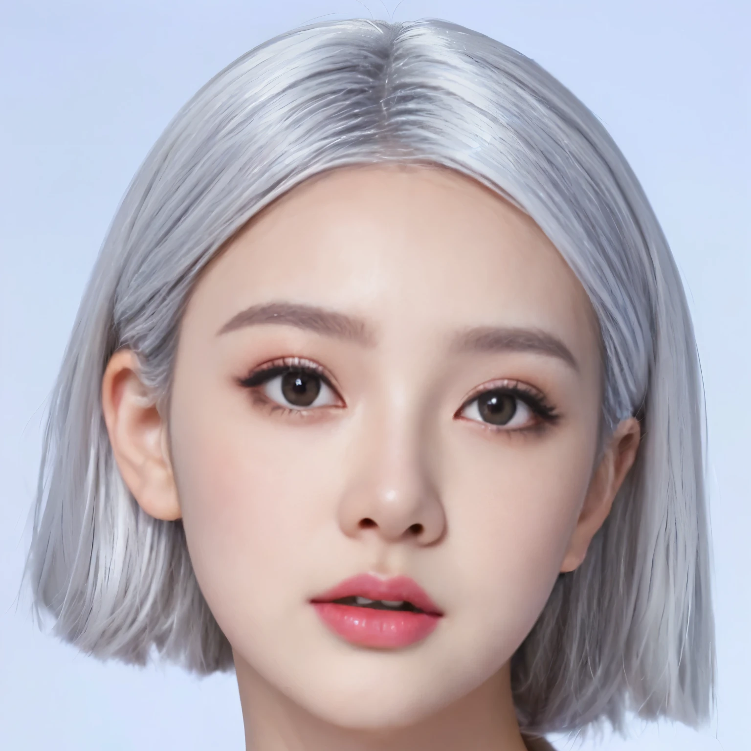 Close-up of a woman with white hair and black top, Realistic anime 3D style, Kawaii realistic portrait, Popular Korean makeup, Korean popular makeup, Inspired by Russell Dongjun Lu, girl silver hair, Hyperrealistic CG, Nam Jae-yeon, wlop glowing skin, Inspired by Sim Sa-jeong, inspired by Yanjun Cheng