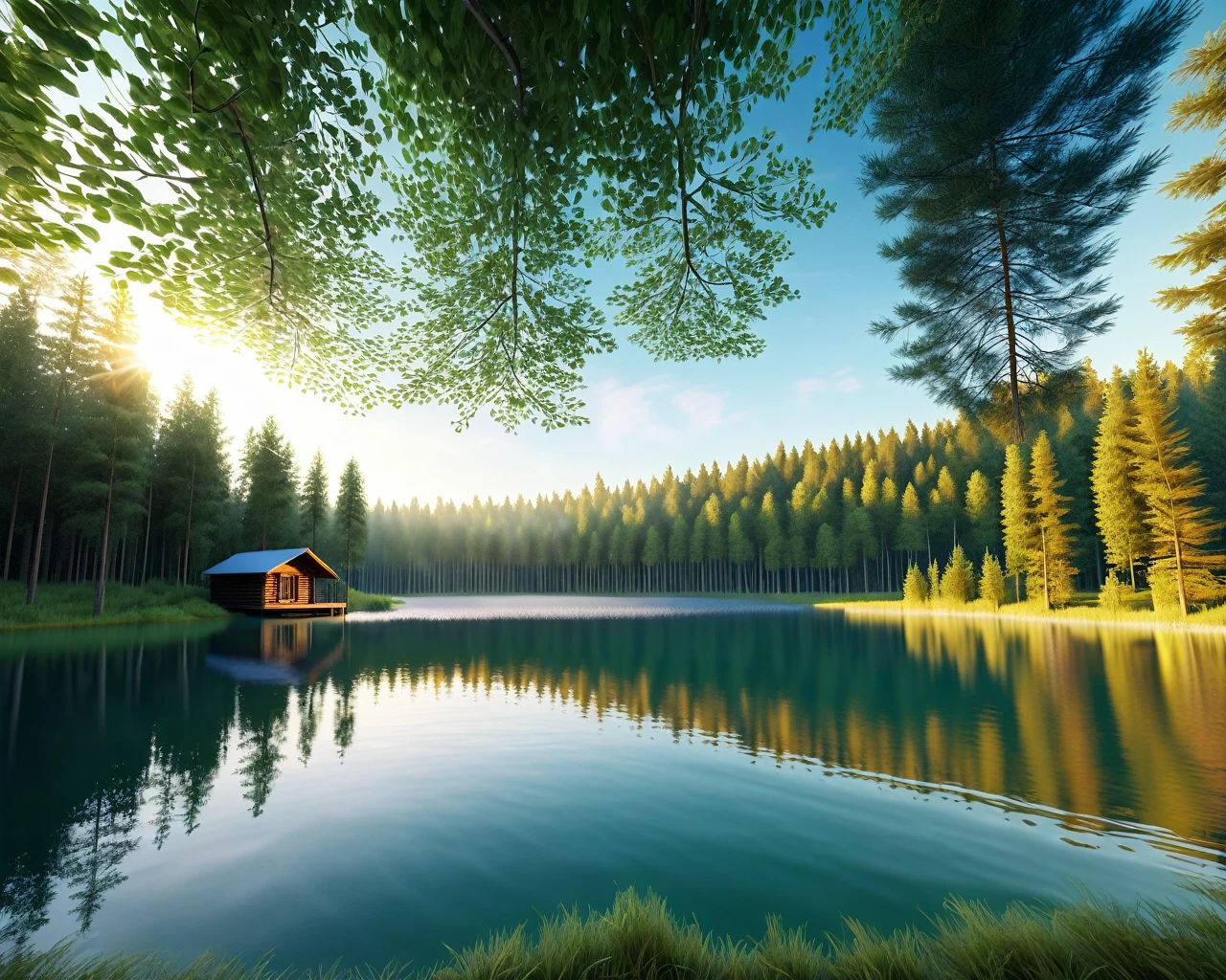 photorealistic lake with a european forest landscape, medium wooden cabin, sunrising with sunrays and sun at horizon, photo, cinematic material, wideview, widescreen, ultra-detailed , high quality