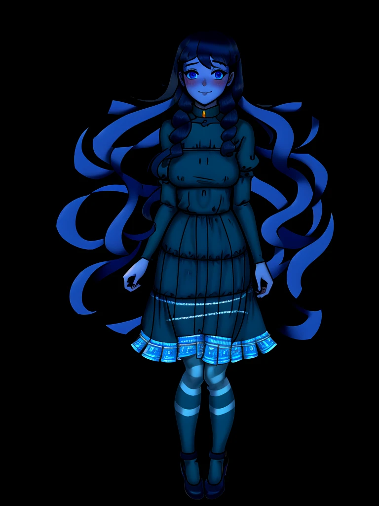 NSFW, 1 girl, solo, frankelda, blue skin, blue eyes, dark blue hair, curler hairstyle,floating, full body view, smiling, blush, grunge green texture background