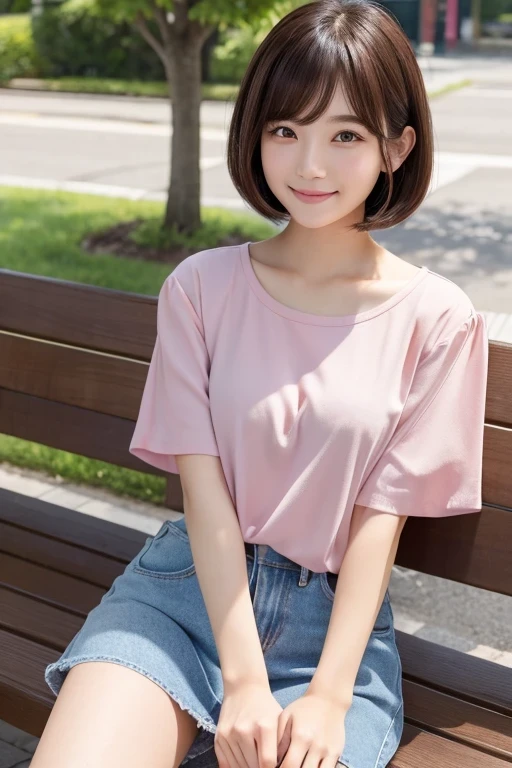 Produce the highest quality and highest resolution 8K images。Please draw the upper body of a 20 year old Japanese woman.。Please draw a picture of someone sitting on a park bench.。She has brown eyes and a model-like figure、She has an idol-level cute face.。Her hair is a bob cut。Clothes、He is wearing a pink short-sleeved shirt。The skin is、It is a natural skin color。she、Looking at you with a smile。