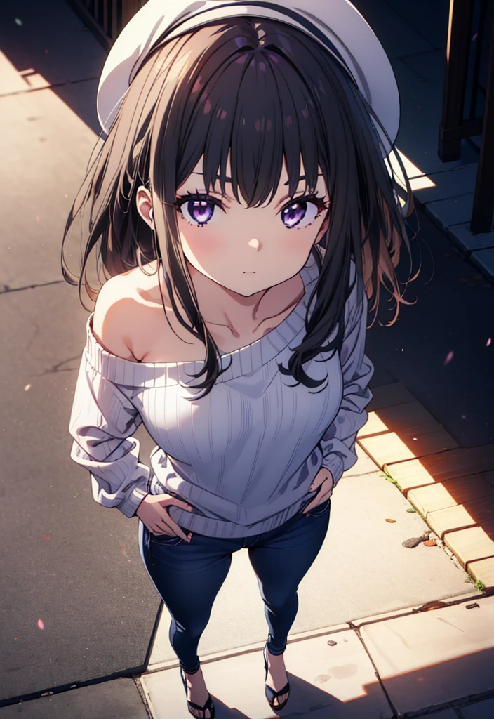 Takiuchikami, Long Hair, bangs, Black Hair, (Purple eyes:1.2),Baseball hats,Blue one-shoulder sweater,Skinny jeans,Stiletto heels,Place one hand on hip,Are standing,whole bodyがイラストに入るように,Daytime,
break outdoors, Building district,
break looking at viewer, whole body,
break (masterpiece:1.2), Highest quality, High resolution, unity 8k wallpaper, (figure:0.8), (Beautiful attention to detail:1.6), Highly detailed face, Perfect lighting, Highly detailed CG, (Perfect hands, Perfect Anatomy),