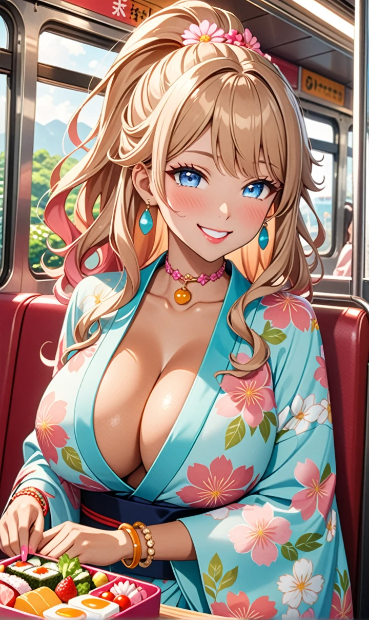 ultra-detailed, ((one girl)),  (tan skin:1.4), in pastel colors gyaru, (heavy makeup), (professional lighting) hyper detailed, absurdres, 8k, Beautiful Face, (Laugh shyly), ((teasing smile:1.6)), ((happy smile:1.5)),  ((Wink:1.6)), (Laugh with your mouth wide open),((Tilt your face:1.6)), View your viewers, ((Bright red cheeks:1.6)),Glossy shocking pink lips, ((huge breasts:1.6)),  ((undressing)), noon, summer, on the train, Anime style background)),masterpiece, Highest quality, (Brighten your face), so beautiful,Latest, Complex details, ((fluorescent pink long nail:1.2)), (ring),((bracelet)), ((Floral choker)),AI-generated, Complex,High resolution, Highest quality, super high quality,3D Images、3D Images,One person, Honey blonde long hair ,(High Ponytail), (wavy hair:1.4), Anime woman posing for a photo, ((Fine grain、blue eyes、glowing eyes:1.3)), (Squint your eyes:1.1),a hyperRealistic , hyperRealistic , Realistic,Anime woman with long honey blonde hair, Smooth anime CG art, A girl in a gorgeous pastel-colored kimono, ((Pastel-colored furisode)),(Pink large floral pattern),  (sideboob), Long flower hair ornament,Big earrings, Mature Body, tall,Narrow waist, portrait, (Sit in your seat), (learning forward:1.0), (Eating a makunouchi bento:1.2),