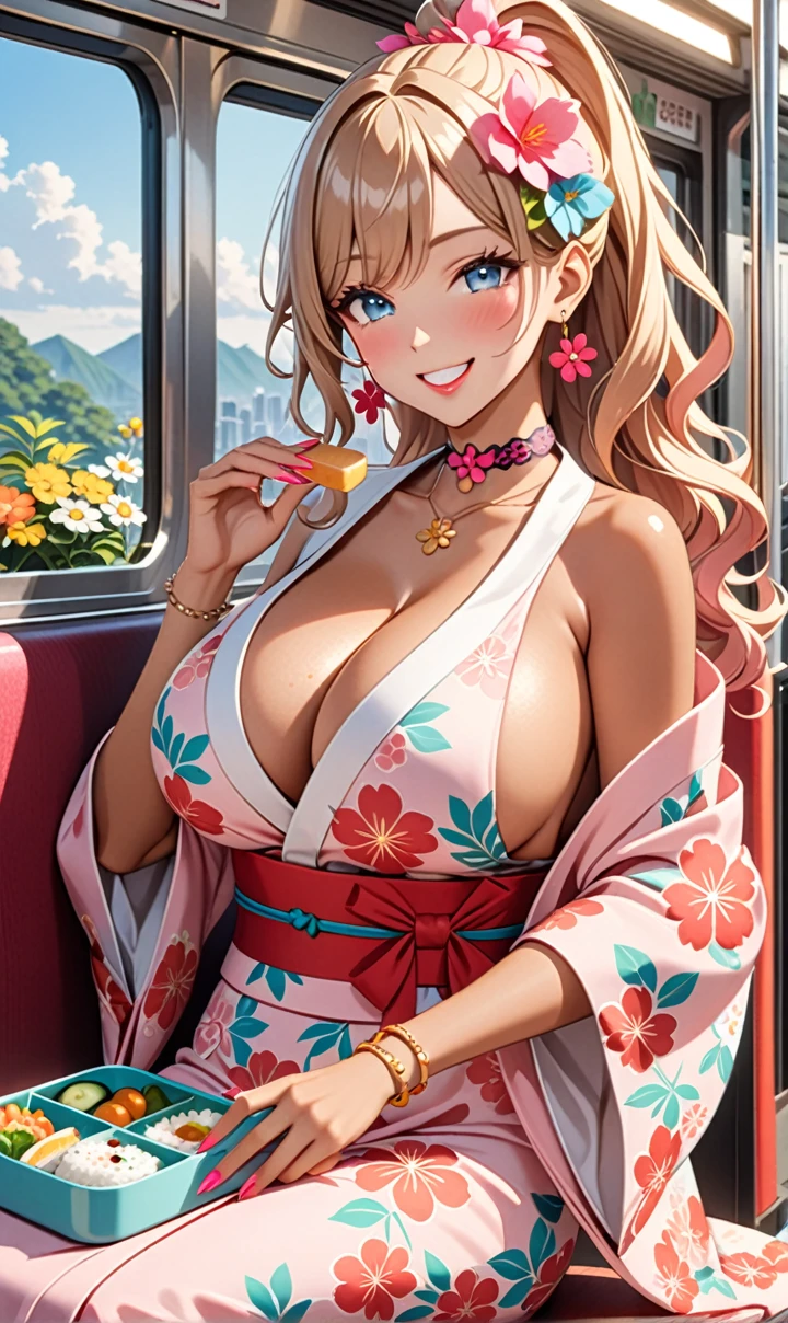 ultra-detailed, ((one girl)),  (tan skin:1.4), in pastel colors gyaru, (heavy makeup), (professional lighting) hyper detailed, absurdres, 8k, Beautiful Face, (Laugh shyly), ((teasing smile:1.6)), ((happy smile:1.5)),  ((Wink:1.6)), (Laugh with your mouth wide open),((Tilt your face:1.6)), View your viewers, ((Bright red cheeks:1.6)),Glossy shocking pink lips, ((huge breasts:1.6)),  ((undressing)), noon, summer, on the train, Anime style background)),masterpiece, Highest quality, (Brighten your face), so beautiful,Latest, Complex details, ((fluorescent pink long nail:1.2)), (ring),((bracelet)), ((Floral choker)),AI-generated, Complex,High resolution, Highest quality, super high quality,3D Images、3D Images,One person, Honey blonde long hair ,(High Ponytail), (wavy hair:1.4), Anime woman posing for a photo, ((Fine grain、blue eyes、glowing eyes:1.3)), (Squint your eyes:1.1),a hyperRealistic , hyperRealistic , Realistic,Anime woman with long honey blonde hair, Smooth anime CG art, A girl in a gorgeous pastel-colored kimono, ((Pastel-colored furisode)),(Pink large floral pattern),  (sideboob), Long flower hair ornament,Big earrings, Mature Body, tall,Narrow waist, portrait, (Sit in your seat), (learning forward:1.0), (Eating a makunouchi bento:1.2),