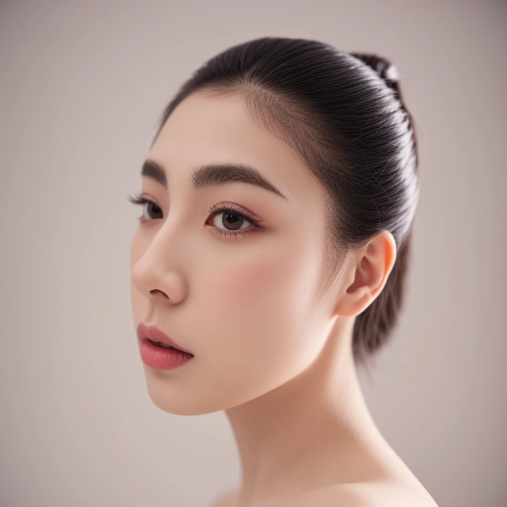 single Japanese woman, solo portrait, eyelash salon model, studio portrait, white background, left profile view (90 degrees), impressive eyebrows and eyelashes, high-quality, photorealistic, one face only