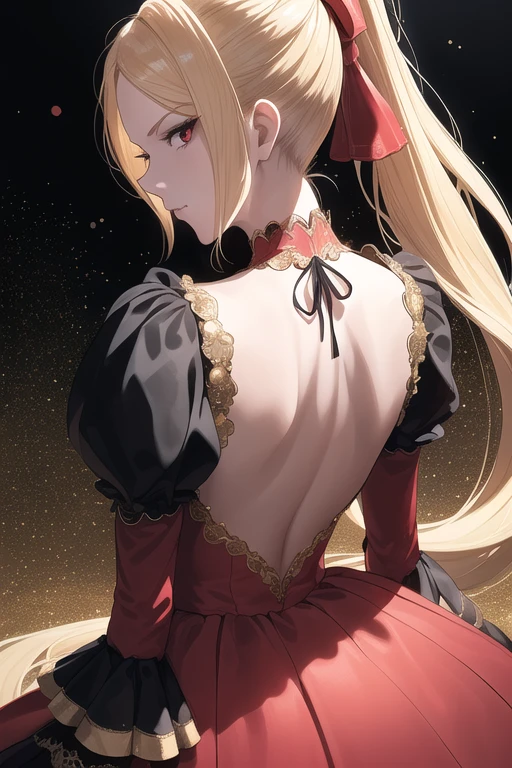 (masterpiece, best quality:1.2), (face focus:1.4), back focus, from behind, blonde hair, long hair, high ponytail, long ponytail, red eyes, long eyelashes, thick eyelashes, looking at viewer, red dress, backless dress, gold trim dress, puffy sleeves, juliet sleeves, long sleeves, red sleeves, (black background:1.2), light particles, blurry, bloom, shiny hair, 