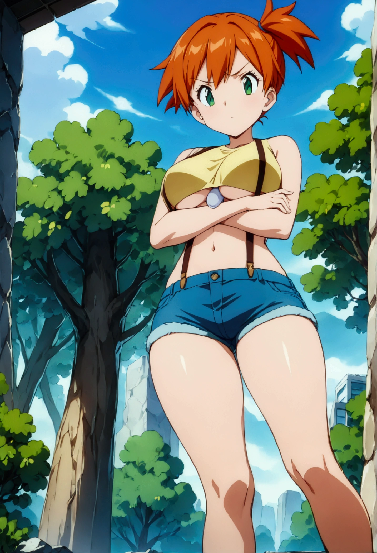 (score_9, score_8_up, score_7_up), ((best quality, masterpiece)),perfect anatomy,((aesthetic,very aesthetic)),official style, (ultra-high resolution),source_anime.from front,below view,feet focus ,standing crossed arms,  (mature) ,1girl, Outdoor, Green Eyes, Orange Hair, , Yellow Shirt, Sleeveless shirt,((stomach)), Denim shorts, suspenders, ,   (slender), under_boob,unity 8k wallpaper.extremely detailed CG, ,,
