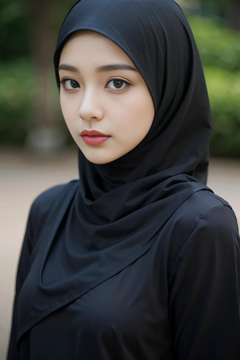 Best quality, Masterpiece, Very high accuracy, Hijab, black Hijab, Casual outfit, Medium close shot, Looking at the viewer,