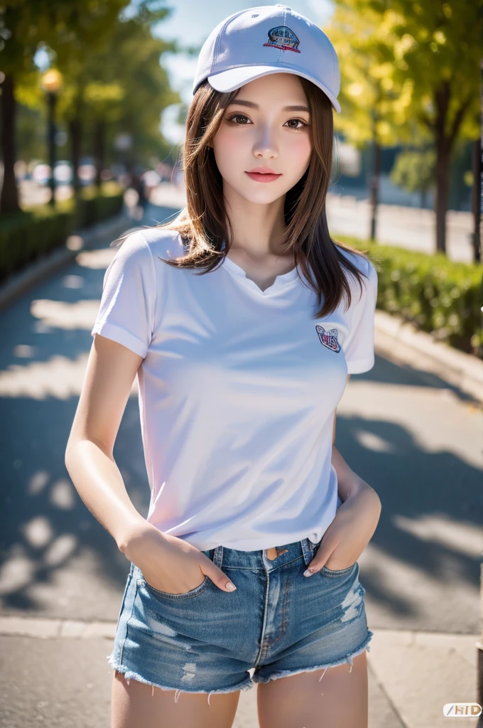 Highest quality, masterpiece, High resolution, 1 Girl,Tyndall effect,Realistic,,(High definition skin:1.2), 8K  UHD, , Frank, High resolution, 4K, 8k,T-shirt,Cap on,Full body photo.Real