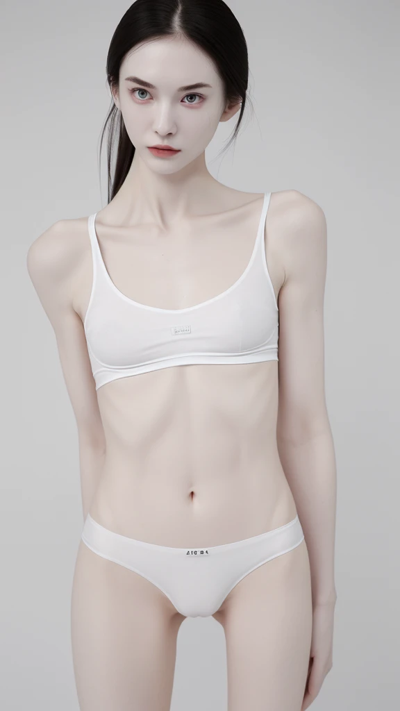 a woman, very thin body, body visible bones, very slender, pale white skin, sweaty wet body, panties, bra,tatto, full body, has a mental breakdown in an underground prison.