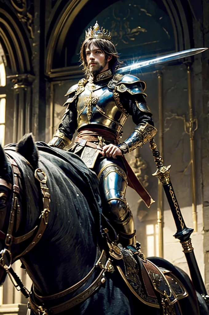 The adult man, The king of swords, king of warrior armor outfit, golden crown on his head, holding a king sword in his hand, Riding on a horse in battlefields, he charged into the enemy army, His eyes were filled with determination, optimistic, adventurous, cinematic lighting, dramatic skies, detailed facial features, detailed clothing, depth of field, photorealistic, highly detailed, 8k, masterpiece