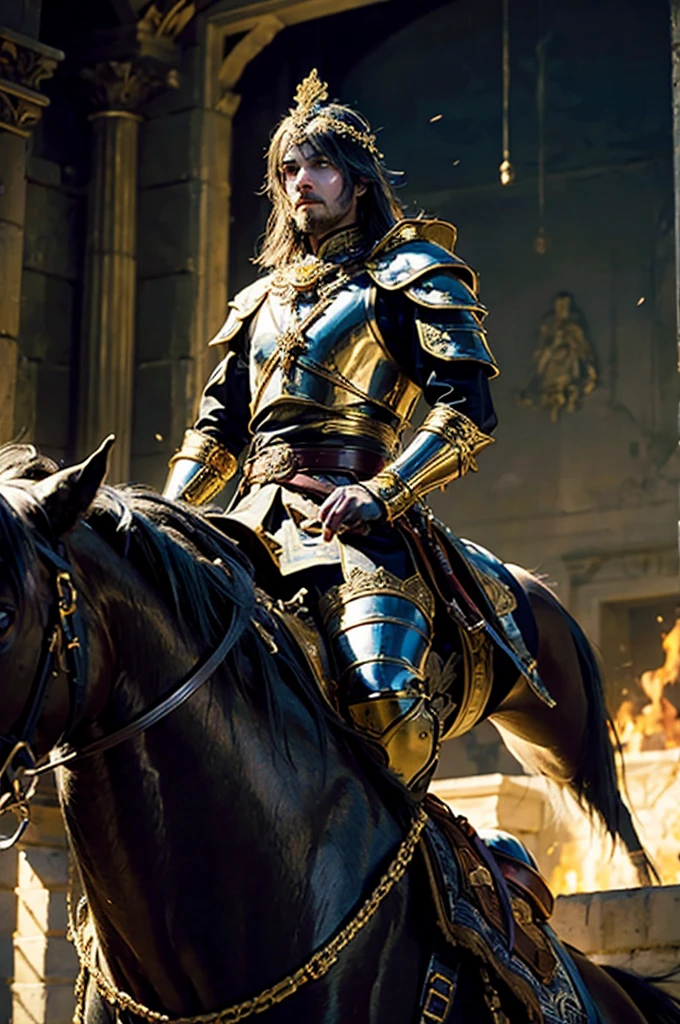 The adult man, The king of swords, king of warrior armor outfit, golden crown on his head, holding a king sword in his hand, Riding on a horse in battlefields, he charged into the enemy army, His eyes were filled with determination, optimistic, adventurous, cinematic lighting, dramatic skies, detailed facial features, detailed clothing, depth of field, photorealistic, highly detailed, 8k, masterpiece