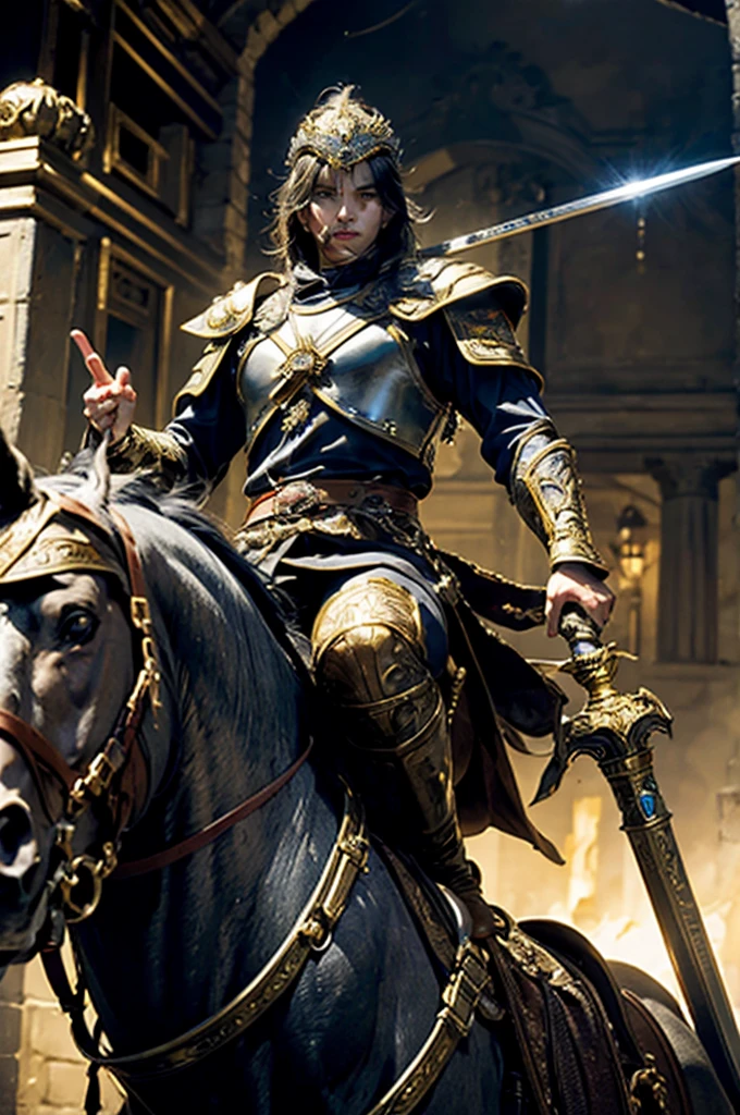 The adult man, The king of swords, king of warrior armor outfit, golden crown on his head, holding a king sword in his hand, Riding on a horse in battlefields, he charged into the enemy army, His eyes were filled with determination, optimistic, adventurous, cinematic lighting, dramatic skies, detailed facial features, detailed clothing, depth of field, photorealistic, highly detailed, 8k, masterpiece