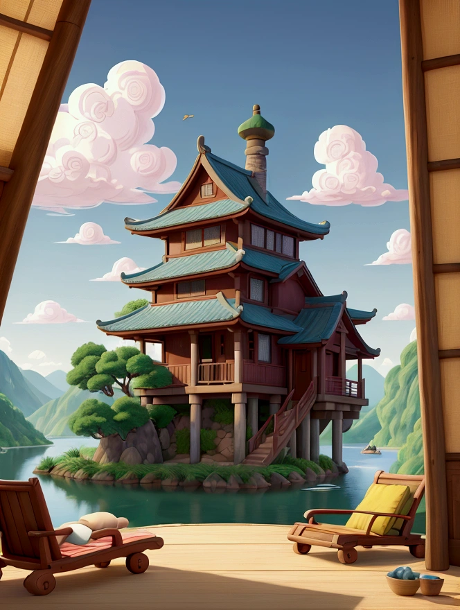 "Inspired by 1980s Chinese pastoral style, wooden loungers, Guido Borelli da Caluso's digital paintings, DeviantArt contest winner, simple art, tranquil and soothing landscapes, cottagecore, idyllic cottages, cottagecore!!, summer afternoons, peaceful afternoons, cozy places, luxurious cottages, Thomas Kinkade, lovely comfortable rooms, peaceful scenery, masterpieces, anime background art, Studio Ghibli art
