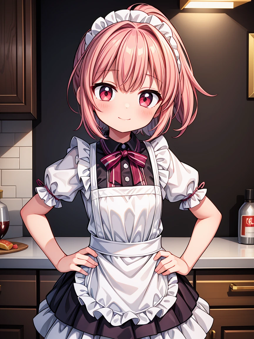 (Highest image quality), (highest quality), (masterpiece), (dynamic lighting), (photo realism), maid uniform, detailed face, ((loli)), ((girl)), (little curve), short pink hair, one side ponytail hairstyle, red eyes, ((very small bust)), (apron), smile, winking, kitchen background, ((very blushing)), ((detailed hands and fingers)), hands on the hips, viewer perspective from below, (blush), more detailed, EasyNegativeV2