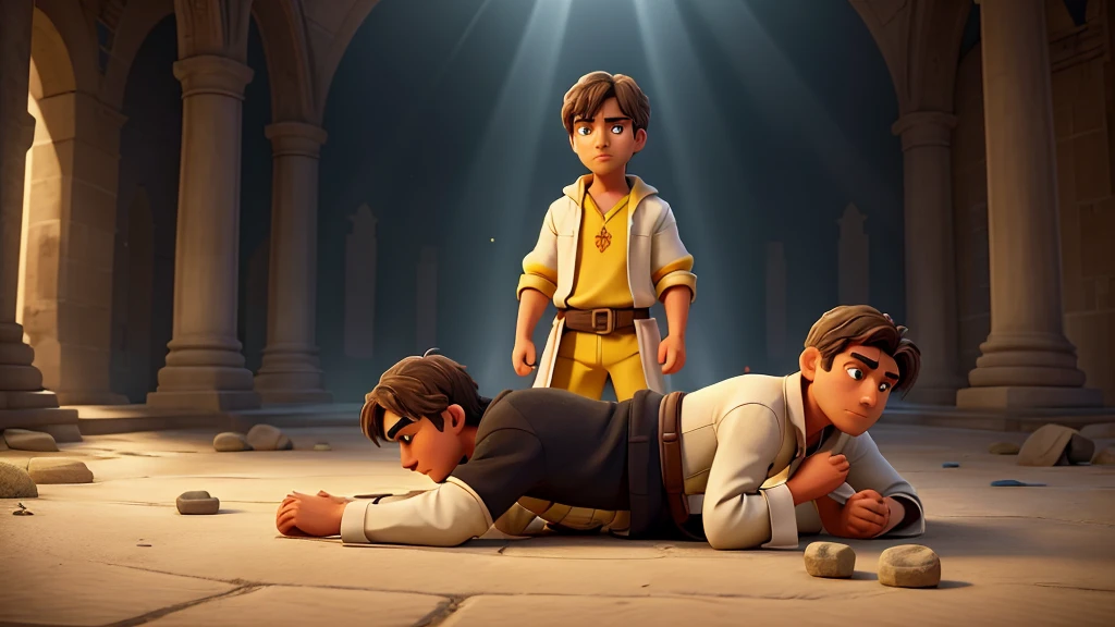 Central Image:
Paul in two moments: Stalker: Severe expression, dark clothes, frown, holding stones/swords (symbolizing persecution).
Apostle: Serene face, white/clear robes, hands in prayer position, divine light around (symbolizing faith). Close up in Paul: Tears in the eyes, representing repentance and conversion. Stylized illustration: conveying the timelessness of history. Additional Elements: Rays of light (divine revelation). Scenes: Paul falling off his horse on the road to Damascus (conversion).
Color Combinations: Vibrant colors: Yellow, orange and blue to catch the eye and convey Paul's epic journey.