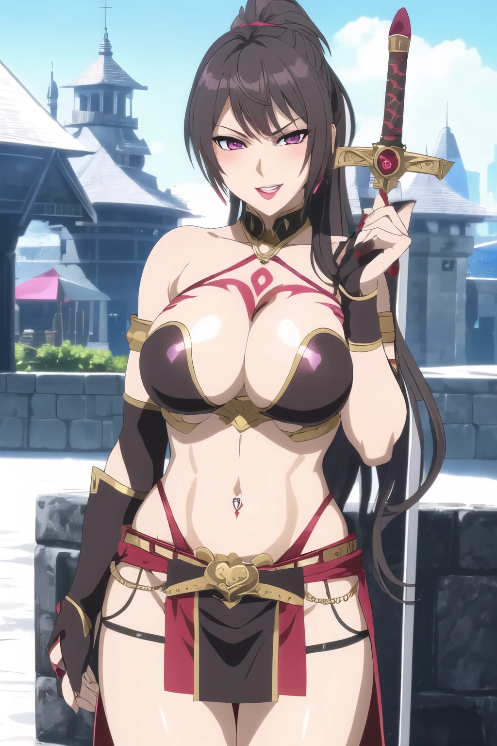 yukino, long hair, blush, lipstick, jewelry, earrings,  tattoo, Hot girl, baddie, staring, glaring, bad attitude, mean girl, dare, angry, hate, crazy, smoking, sensual, attractive, , blush, lipstick, masterpiece, best quality, highly detailed, fantasy , a anime girls in armored dress holding a sword posing for a picture, evil smile, smile, open mouth, breastplate with open cleavage, cleavage, warrior outfit, ecchi anime style, anime girls, ecchi style, (nsfw) not safe for work, ecchi, digital anime art!!, in anime style, official artwork, visual novel cg, beautiful anime girl, anime style 4 k , loincloth, exposed belly, exposed navel, exposed midriff, exposed lower belly, pencil skirt armored, castle,inside castle