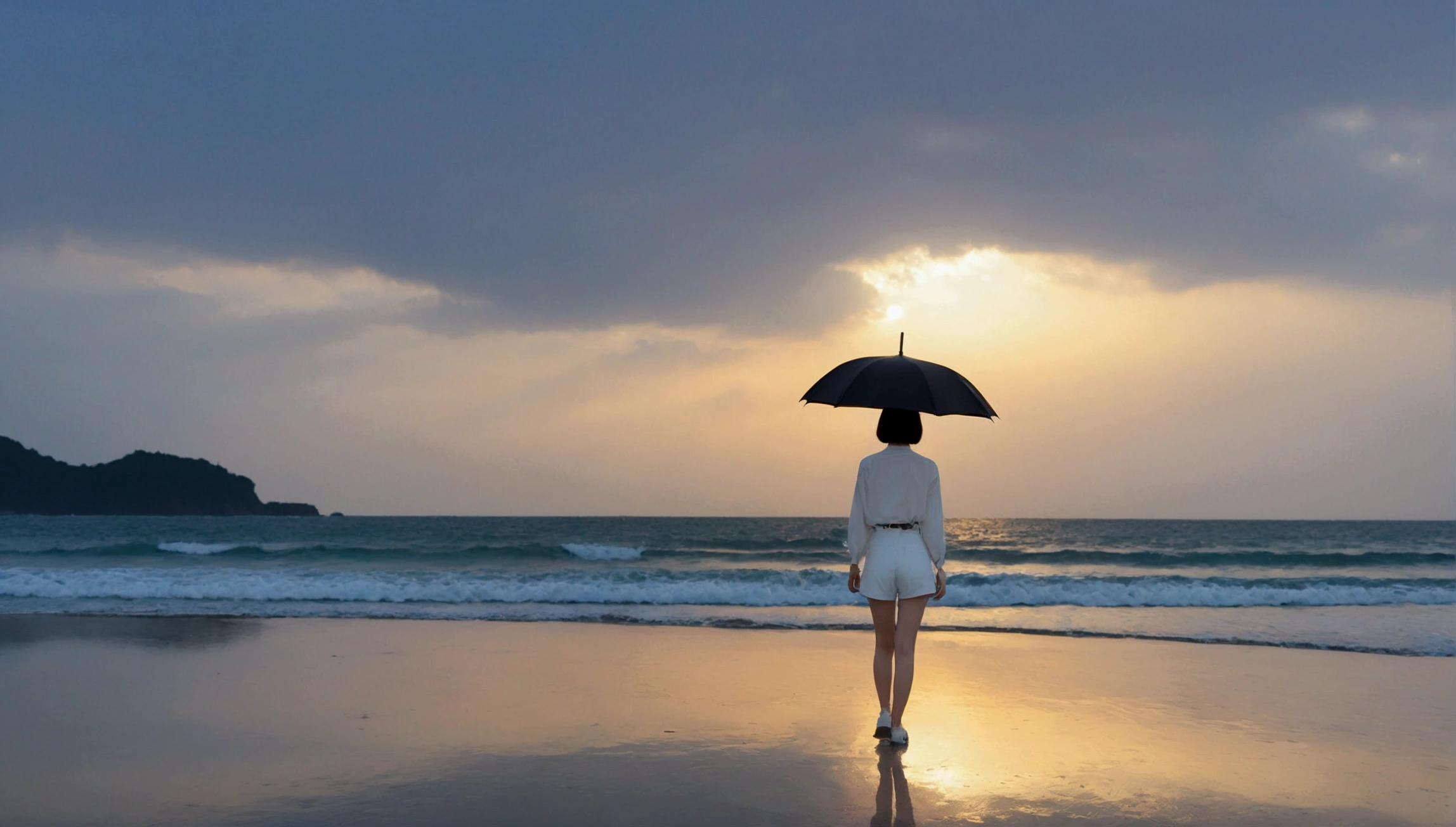 8k, Vivid picture quality, Vivid picture quality, long deserted beach, walking slowly from afar, short medium hair, beautiful appearance, Model-like body, sunset의 붉은 빛, sunset, alone, afternoon, depressed, tide가 밀려온다, rain, black umbrella, ocean, tide, wind, Short and slim Korean woman, tower, White shorts, tower을 입고 White shorts 입고