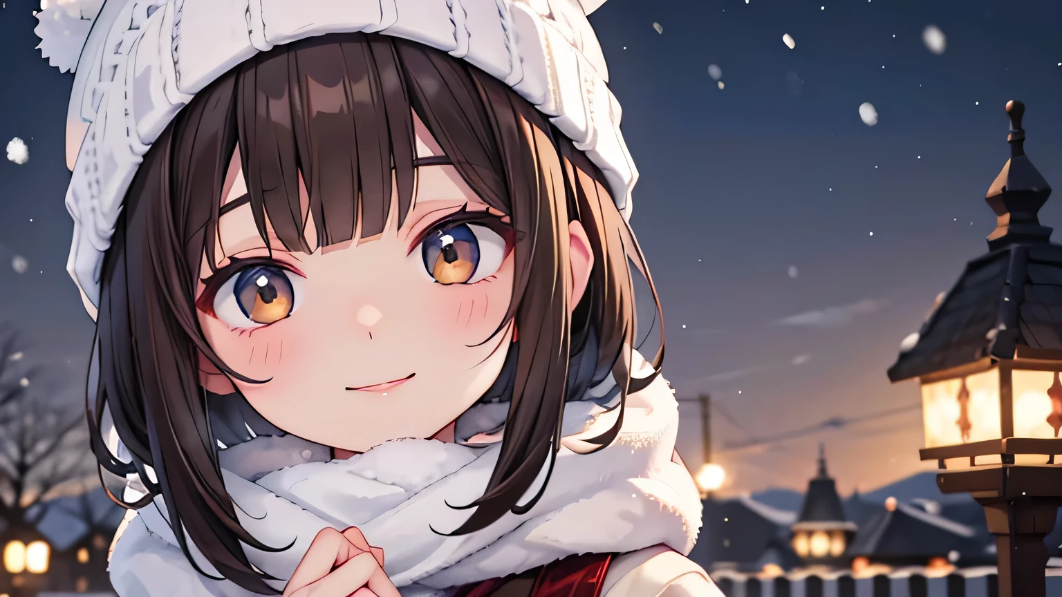 Snow Scene、cold、Knitted hat、smile、Brown Hair、Bobcut、