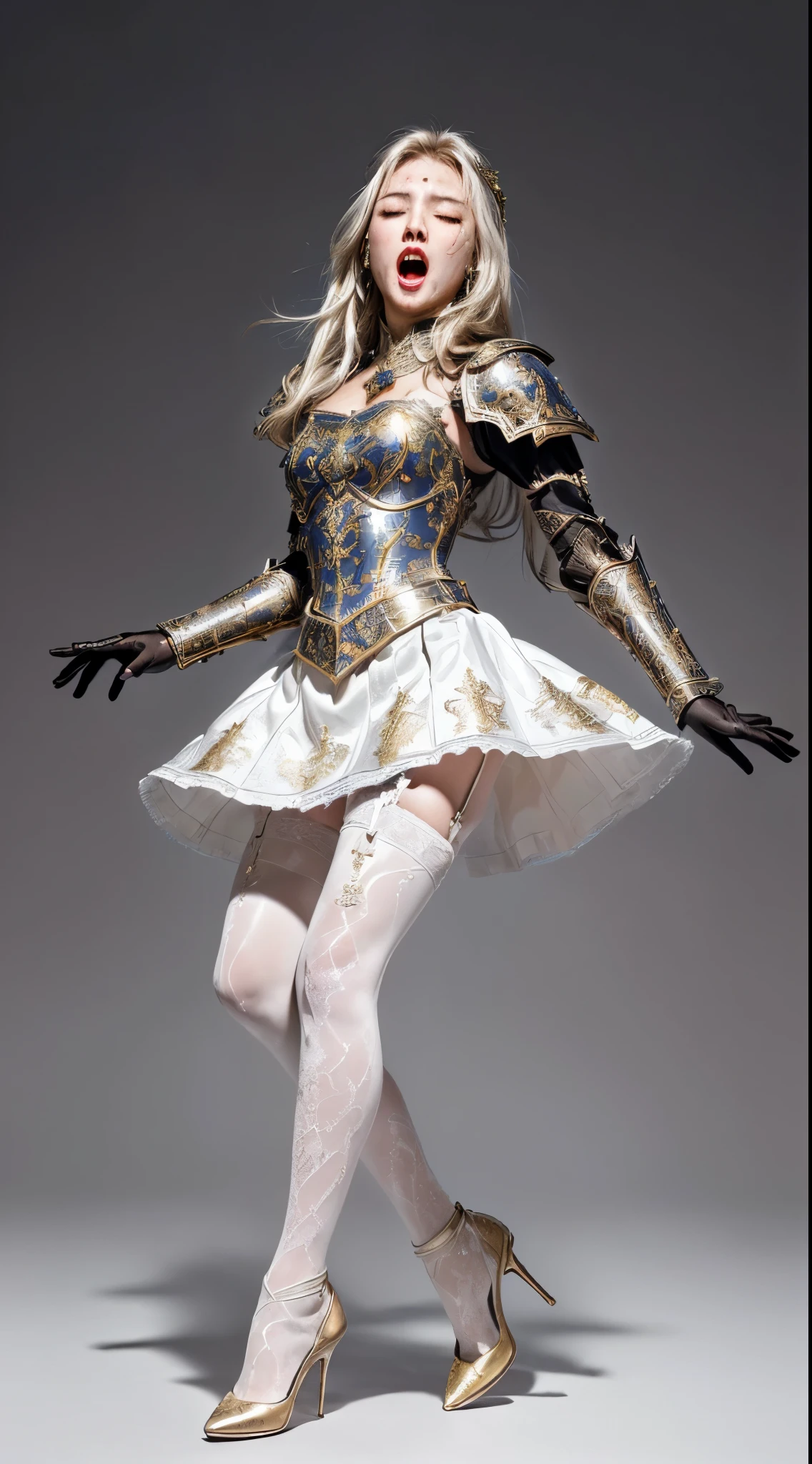 masterpiece, best quality photo, a beautiful 25 years old princess knight is screaming and falling down with bent knees , blood bleeding:2, (blood splatted on body:1.2), (fancy engraved medieval metal armor on top:1.3), gold decorated armor, (ornate skirt:1.2), (white pantyhose with garter belt on bottom:1.3), high-heel:1.2, light gray metal armor, (detailed facial expression:1.2), extremely detailed face, extremely beautiful, grimace, screaming, strongly closed eyes, (painful screaming facial expression), dynamic pose;1.1