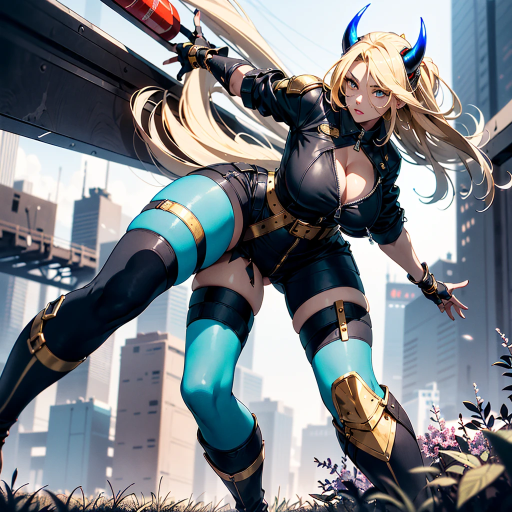 ((best quality)), ((masterpiece)), (detailed), 1girl, 8k_wallpaper, extremely detailed eyes, extremely detailed body, beautiful face, perfect face, detailed ((blonde hair)), (gold eyes), ((large big red and blue horns)), {{dark skin}}, ({dark skinned female}), gigantic breasts, thick thighs, strong arm and leg muscles, strong abdominal muscles, Monster women, Korean women, wearing a modern short black cloth jacket with rolled up sleeves, (wearing heavy gold colored steel cyberpunk armor), a wide red leather belt with blue steel yarn, steel boots, steel thigh guards, a military radio hangs on her belt, a biker girl, she rides on another planet along a lilac field against the backdrop of a blue desert and high red mountains,
