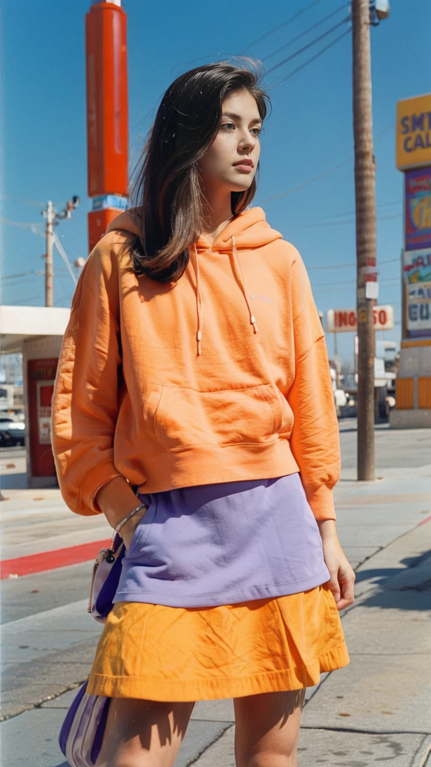 photo cinematic, long shot portraits photograph by Wes Anderson, cute 23 yo girl ,fokus, ((bokeh)) ,wear ((orange color oversized_hoodie)), wear ((purple tennis skirt)),looking front,Best Quality,Masterpiece,Ultra High Resolution,(Realisticity:1.4),Original Photo, 1Girl, light leak,ultra high resolution,UHD,beautiful, ((black bob straight hairstyle)), almond eye, no makeup, in front of ((80's colorful los angles gas station)), (realistic:1.2), (surreal:1.3), (very detailed:1.1), ((masterpiece)),summer, blue sky, palm trees,sunny, los angles vibes,film camera, 800mm lens,style of Philip Lorca diCorcia