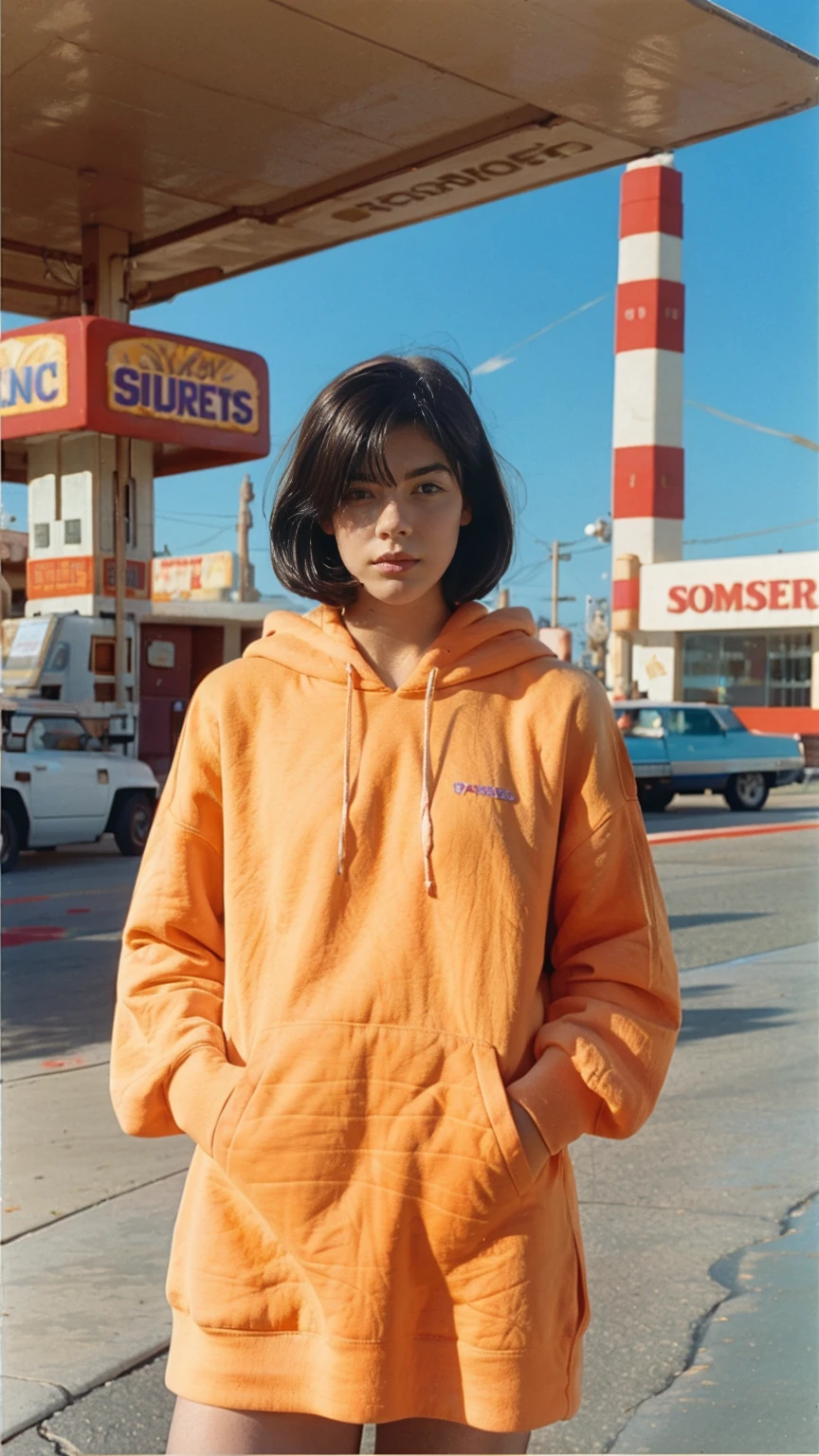 photo cinematic, long shot portraits photograph by Wes Anderson, cute 23 yo girl ,fokus, ((bokeh)) ,wear ((orange color oversized_hoodie)), wear ((purple tennis skirt)),looking front,Best Quality,Masterpiece,Ultra High Resolution,(Realisticity:1.4),Original Photo, 1Girl, light leak,ultra high resolution,UHD,beautiful, ((black bob straight hairstyle)), almond eye, no makeup, in front of ((80's colorful los angles gas station)), (realistic:1.2), (surreal:1.3), (very detailed:1.1), ((masterpiece)),summer, blue sky, palm trees,sunny, los angles vibes,film camera, 800mm lens,style of Philip Lorca diCorcia