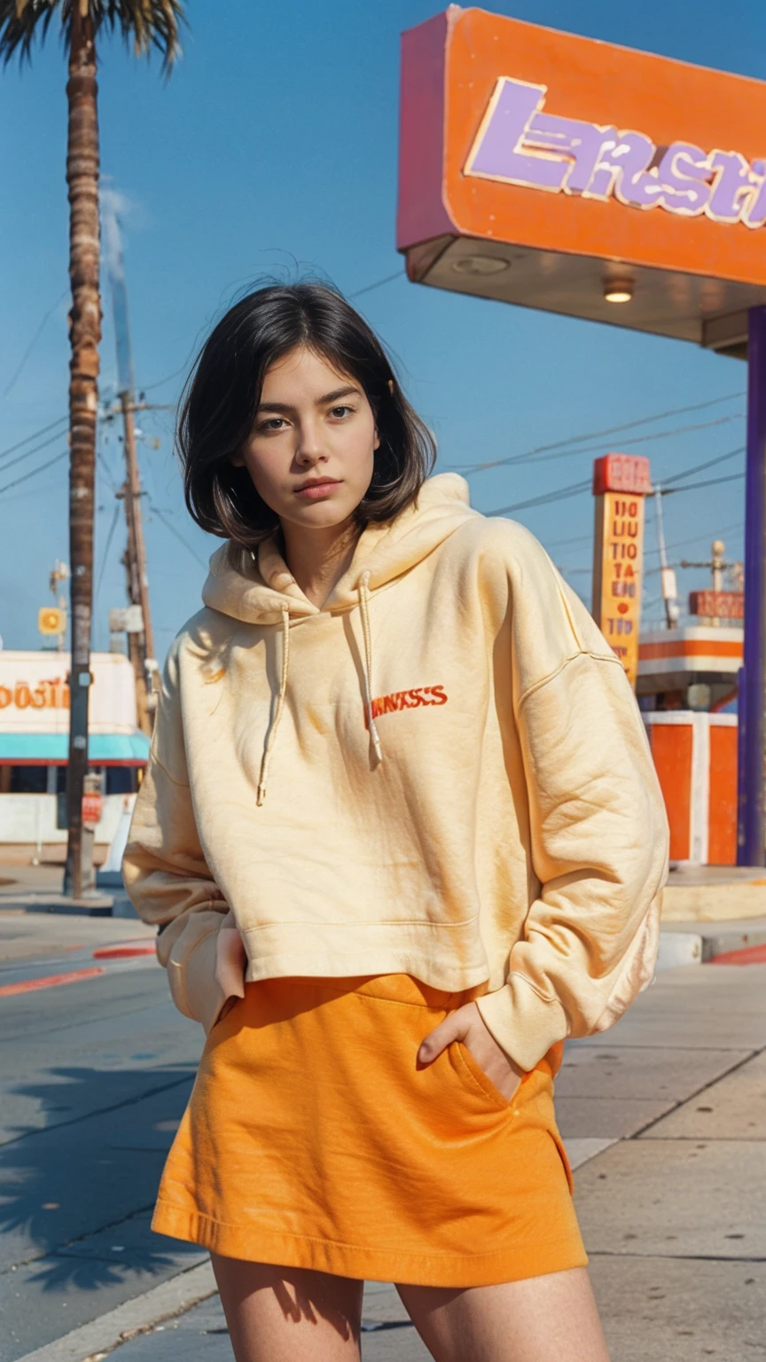 photo cinematic, long shot portraits photograph by Wes Anderson, cute 23 yo girl ,fokus, ((bokeh)) ,wear ((orange color oversized_hoodie)), wear ((purple tennis skirt)),looking front,Best Quality,Masterpiece,Ultra High Resolution,(Realisticity:1.4),Original Photo, 1Girl, light leak,ultra high resolution,UHD,beautiful, ((black bob straight hairstyle)), almond eye, no makeup, in front of ((80's colorful los angles gas station)), (realistic:1.2), (surreal:1.3), (very detailed:1.1), ((masterpiece)),summer, blue sky, palm trees,sunny, los angles vibes,film camera, 800mm lens,style of Philip Lorca diCorcia