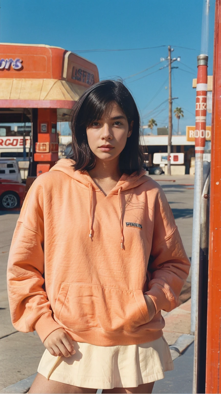photo cinematic, long shot portraits photograph by Wes Anderson, cute 23 yo girl ,fokus, ((bokeh)) ,wear ((orange color oversized_hoodie)), wear ((purple tennis skirt)),looking front,Best Quality,Masterpiece,Ultra High Resolution,(Realisticity:1.4),Original Photo, 1Girl, light leak,ultra high resolution,UHD,beautiful, ((black bob straight hairstyle)), almond eye, no makeup, in front of ((80's colorful los angles gas station)), (realistic:1.2), (surreal:1.3), (very detailed:1.1), ((masterpiece)),summer, blue sky, palm trees,sunny, los angles vibes,film camera, 800mm lens,style of Philip Lorca diCorcia