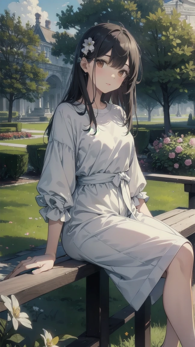 (Highest quality, 8k, masterpiece:1.3)), Attention to detail, High resolution, masterpiece, Great quality, 2 people, men and women standing, Full Height, girl and man walking in a Beautiful garden, Attention to detail of faces, Drawing eyes, Drawing Shadows, Draw lips,men and women , Romantic atmosphere, Mysterious garden with blooming flowers, beautiful flower, Beautiful garden , Casual Style, Girl in casual clothes, Man in casual clothes,Sit on a bench