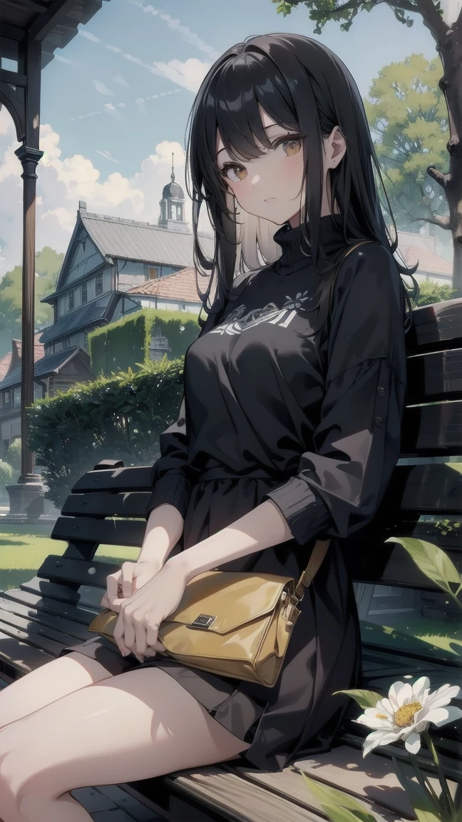 (Highest quality, 8k, masterpiece:1.3)), Attention to detail, High resolution, masterpiece, Great quality, 2 people, men and women standing, Full Height, girl and man walking in a Beautiful garden, Attention to detail of faces, Drawing eyes, Drawing Shadows, Draw lips,men and women , Romantic atmosphere, Mysterious garden with blooming flowers, beautiful flower, Beautiful garden , Casual Style, Girl in casual clothes, Man in casual clothes，Sit on a bench
