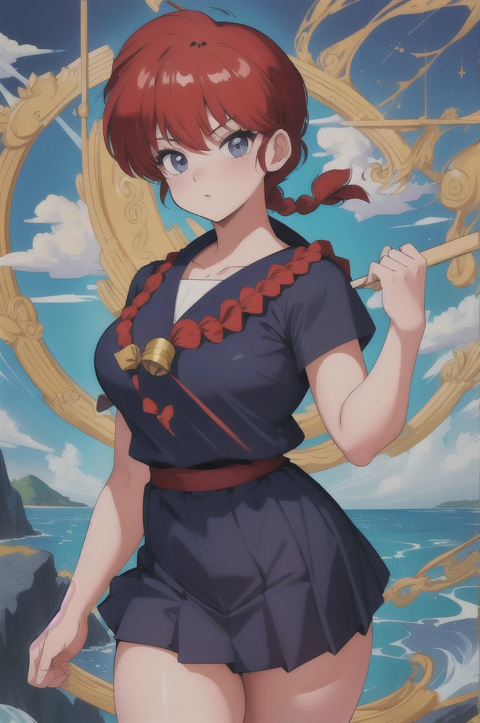 Ranma-chan, Are standing, alone, big_chest, single_Braiding, Ranma Redshirt, masterpiece, Highest quality, Detailed face, Detailed eyes, High resolution,short sleeves navy かわいい sailor suit, Navy pleated mini skirt, Navy sailor collar, Blue Sailor Scarf)), ((((masterpiece)))), expensive quality, very_expensive_solve, big_file size, Full Color, Thick outline, Clear contours, colorful, (Beautiful fine details), (Beautiful Face:1.3), Boyish face, 1 girl, (Ranma the Girl), (Redhead), short hair, (Braidingポニーテール), ((bangs)), bumpy bangs, Blue-gray eyes, Curvy, Completely naked, Black Wristband