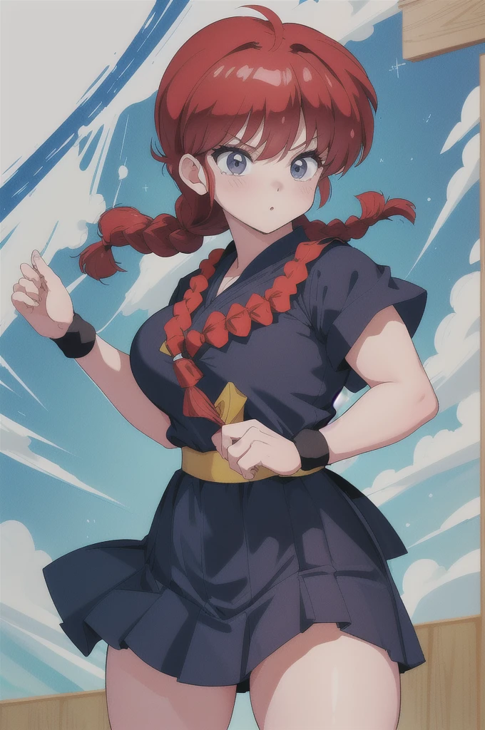 Ranma-chan, Are standing, alone, big_chest, single_Braiding, Ranma Redshirt, masterpiece, Highest quality, Detailed face, Detailed eyes, High resolution,short sleeves navy かわいい sailor suit, Navy pleated mini skirt, Navy sailor collar, Blue Sailor Scarf)), ((((masterpiece)))), expensive quality, very_expensive_solve, big_file size, Full Color, Thick outline, Clear contours, colorful, (Beautiful fine details), (Beautiful Face:1.3), Boyish face, 1 girl, (Ranma the Girl), (Redhead), short hair, (Braidingポニーテール), ((bangs)), bumpy bangs, Blue-gray eyes, Curvy, Completely naked, Black Wristband