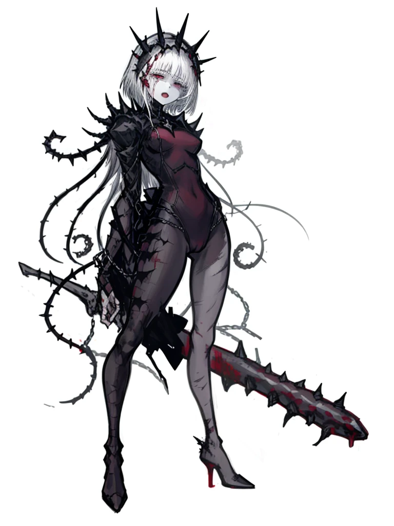 ((Best masterpiece, Perfect quality, Ultra detailed)), A skinny girl, With small bust, With white hair, Is parasitic, Wearing black bra, Wearing black panty, Naked limbs, Injured body, Bloody wounds, Mutated limbs, Parasites, Grotesque, Full body