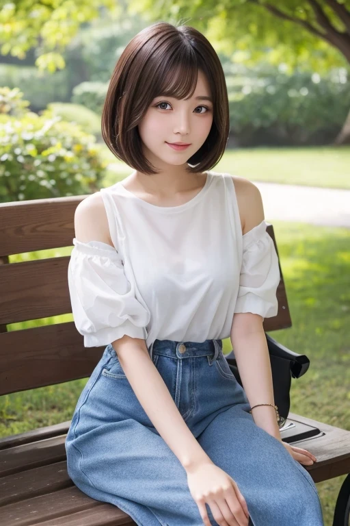 Produce the highest quality and highest resolution 8K images。Please draw the upper body of a 20 year old Japanese woman.。Please draw a picture of someone sitting on a park bench.。She has brown eyes and a model-like figure、She has an idol-level cute face.。Her hair is a bob cut。Clothes、I&#39;m wearing a short-sleeved shirt。The skin is、It is a natural skin color。she、Looking at you with a smile。