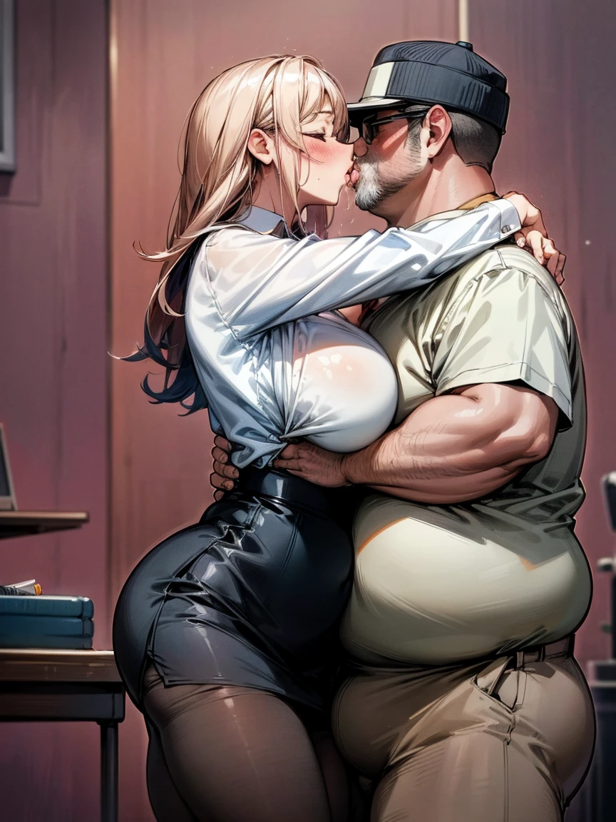 (One girl, A fat middle-aged man), pantyhose, pantyhose, White shirt, Pencil Skirt, blush, French kiss,, hug, Big Breasts, close your eyes, office, Very detailed, High resolution, 4K, masterpiece, High resolution