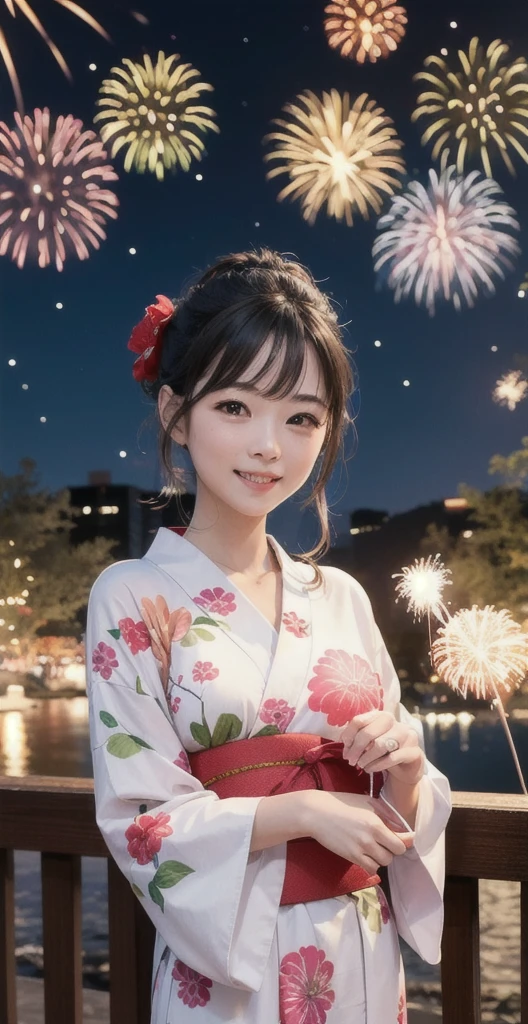 ＡＩbeauty、Real beauty、Yukata Prompt、Fireworks display、狐耳beauty、Night view、Colorful fireworks are bursting in the background、Goldfish pattern yukata、Holding a fan in your hand、Show off your whole body、Beautiful woman with a big smile