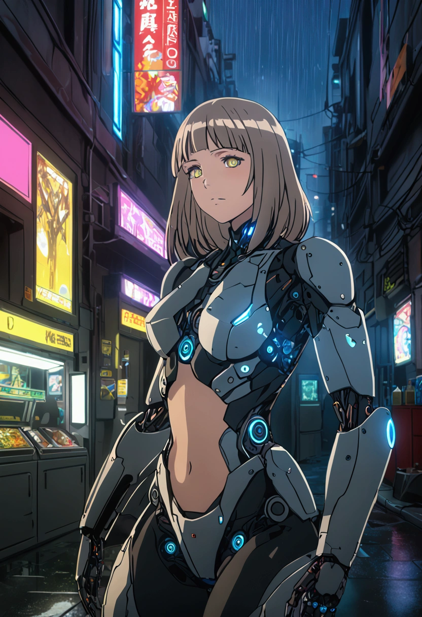 Anna Nishikinomiya, looking towards the camera, identical face and hair, with the same body as a woman but only with black armor that covers her entire body, has a (black robotic armor) turned into a Cyborg, of the shoulders and torso, and robotic legs without garments or clothing only Cyborg armor, in a raining alley of a cyberpunk city (Very detailed: 1.2), (canon EOS R6 best quality: 1.2), (8k: 1.0), (emb-rrf-low: 1.0), (detailed face, ojos Very detailed 1.2), sharp focus (award-winning photo: 1.2), (subsoil dispersal: 1.2), (subsoil dispersal: 1.2). 1.1) (A beautiful ultra detailed cyborg: 1.2), ( Hyper-detailed hair: 1.2), (wonderful body: 1.2), (whole body: 1.2), (dynamic posture :1.2), neon glow, (Detailed cyber eyes:1.1), close up (Hyper realistic:1.2), role playing game, cyberpunk 2077 style, dramatic lighting, (Very detailed futuristic cityscape:1.2), (Science fiction: 1.2). 1.2), professional portrait photography, by Wlop Greg Rutkowski Jeffrey Simpson Alphonse Mucha