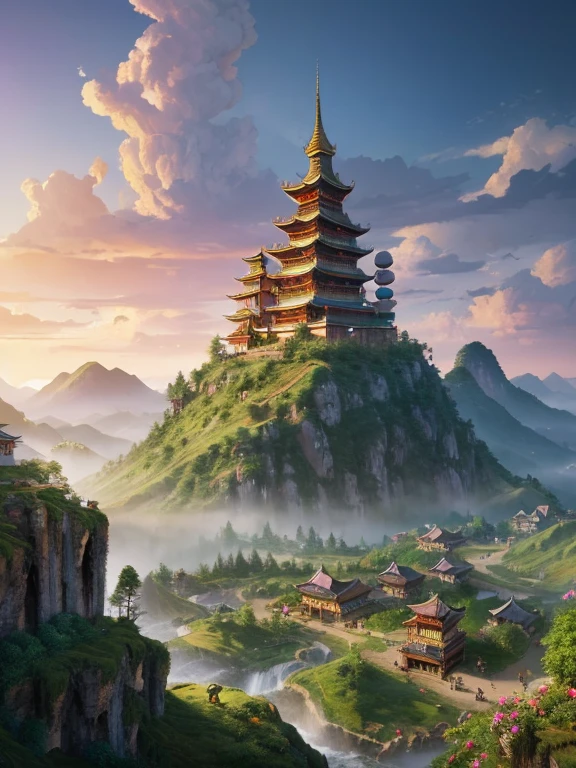 2. Mountain view with a waterfall and a tower in the center, Landscapes painted by Han Kang, CG Association Competition Winner, Fantasy art, Dreamy city in China, Chinese landscape, Chinese Fantasy, Made of wood and fantasy valley, View of the ancient city, Order a striking fantasy landscape, Most Epic Landscapes, Tower on the Hill, Mountain jungle environment, Avatar Landscape, Chinese Village. A beautiful and intelligent girl with wings is flying through the sky and coming towards us from the tower.。