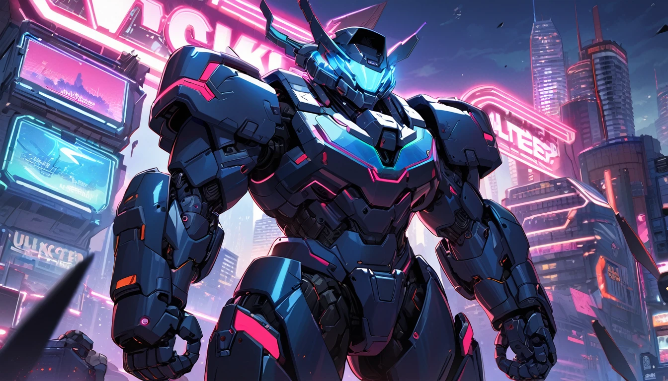 Mech suit ready for battle, Vancouver, high-quality artwork, metal armour, intense lighting, cityscape background, heroic pose, dramatic shadows, deep black suit with red neon lights, hockey helmet with blue visor, video game, blue electric fists, futuristic synth wave cyberpunk, hulkbuster