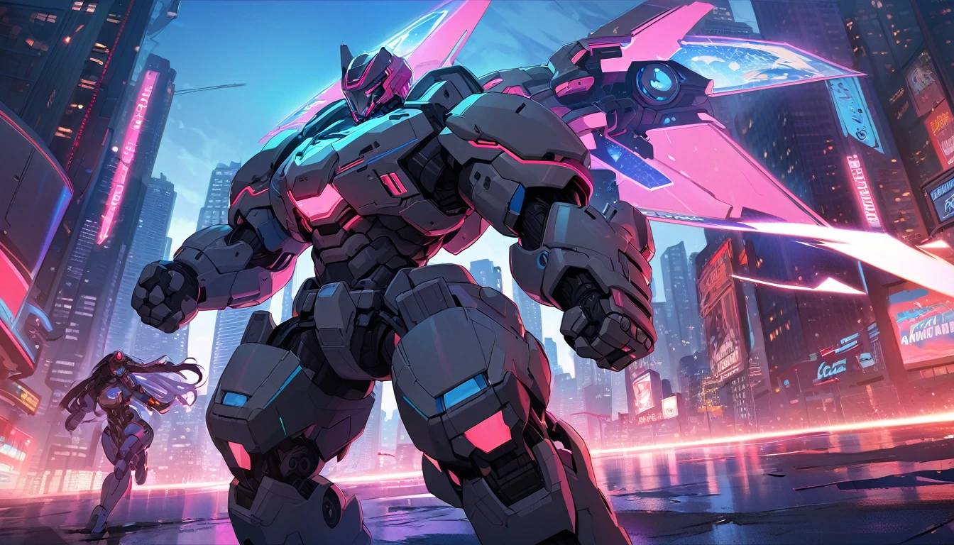 Mech suit ready for battle, Vancouver, high-quality artwork, metal armour, intense lighting, cityscape background, heroic pose, dramatic shadows, deep black suit with red neon lights, hockey helmet with blue visor, video game, blue electric fists, futuristic synth wave cyberpunk, hulkbuster