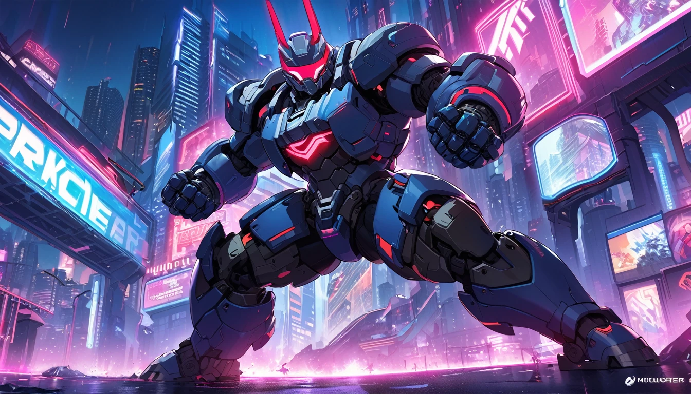 Mech suit ready for battle, Vancouver, high-quality artwork, metal armour, intense lighting, cityscape background, heroic pose, dramatic shadows, deep black suit with red neon lights, hockey helmet with blue visor, video game, blue electric fists, futuristic synth wave cyberpunk, hulkbuster