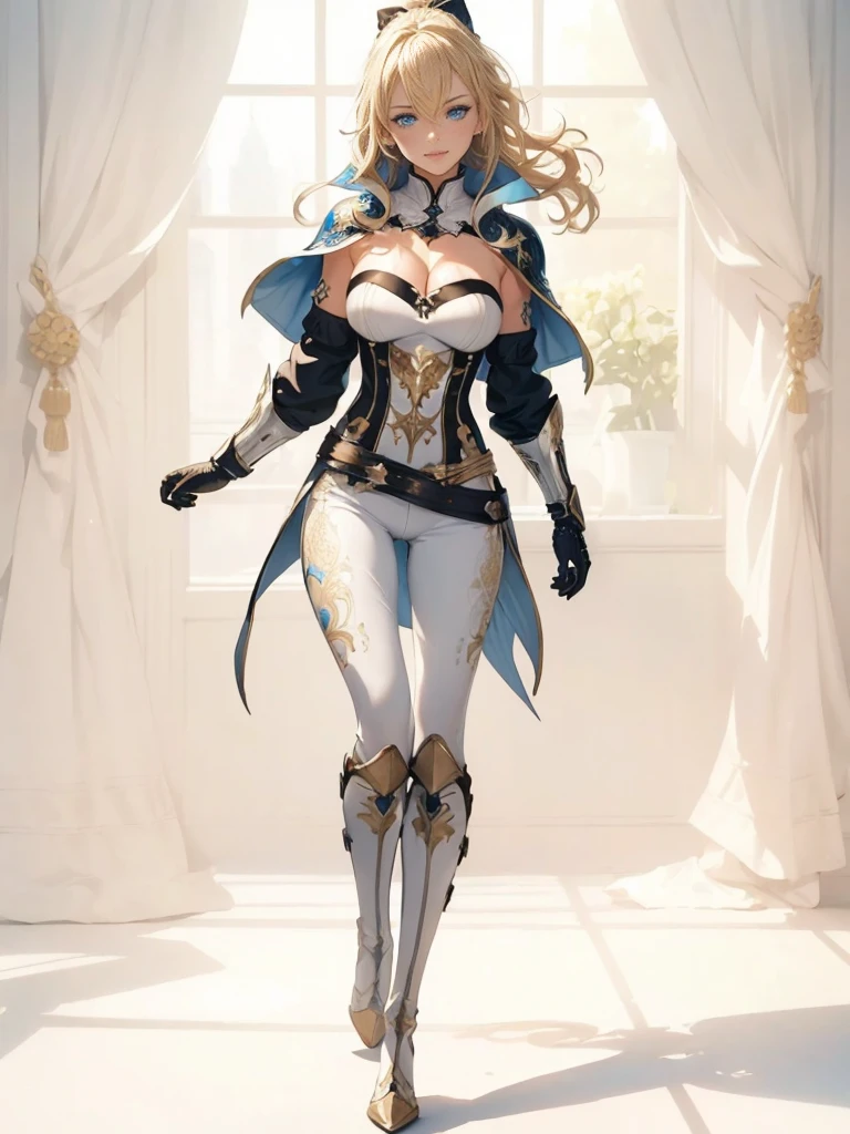 ((1girl, solo)), ((mature female)), full body, standing, cowboy shot, beautiful body, (perfect anatomy, perfect body, perfect hands, perfect legs), nice hands, natural proportions, sexy body, (large breasts:1.3) BREAK
((extremely detailed face)), blue eyes, (beautiful detailed eyes:1.6), (realistic pupils, realistic iris:1), expressive eyes, ((looking at viewer)), (clear eyes:1.3), (hyperrealistic:1.2), (detailed skin texture:1.2), smooth skin, (blonde hair:1.5), long hair, ponytail, (detailed lips:1.2), (attractive lips:1.1), (glossy lips:1.1), (smile), perfect face, perfect eyes BREAK
female knight, ((strapless shirt)), (((white shirt))), ((cleavage)), ((blue capelet)), (elbow gloves), (((white pants))), (skin tight:1.5), (belt), ((blue tailcoat)), knee-high boots, high heels, thigh gap BREAK
(masterpiece:1.5), anime-style, top quality, best quality, (beautiful and aesthetic:1.2), (ultra detail:1.5), Ultra-detailed depiction, Ultra-precise depiction, extremely detailed 8k illustration, high resolution, (highly detailed shading:1.2), (realistic lighting:1.4), perfect lighting, vibrant colors, dynamic tones, striking hues, 8k, absurd resolution, perfect shadows, hdr, UHD, ambient lighting, realistic, ultra-realistic, photo realistic, highly detailed, rich detail, luminous colors, fine texture, intricate design, professional illustration, (soft light:1.2), (illustration:0.7)