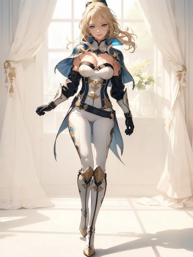 ((1girl, solo)), ((mature female)), full body, standing, cowboy shot, beautiful body, (perfect anatomy, perfect body, perfect hands, perfect legs), nice hands, natural proportions, sexy body, (large breasts:1.3) BREAK
((extremely detailed face)), blue eyes, (beautiful detailed eyes:1.6), (realistic pupils, realistic iris:1), expressive eyes, ((looking at viewer)), (clear eyes:1.3), (hyperrealistic:1.2), (detailed skin texture:1.2), smooth skin, (blonde hair:1.5), long hair, ponytail, (detailed lips:1.2), (attractive lips:1.1), (glossy lips:1.1), (smile), perfect face, perfect eyes BREAK
female knight, ((strapless shirt)), (((white shirt))), ((cleavage)), ((blue capelet)), (elbow gloves), (((white pants))), (skin tight:1.5), (belt), ((blue tailcoat)), knee-high boots, high heels, thigh gap BREAK
(masterpiece:1.5), anime-style, top quality, best quality, (beautiful and aesthetic:1.2), (ultra detail:1.5), Ultra-detailed depiction, Ultra-precise depiction, extremely detailed 8k illustration, high resolution, (highly detailed shading:1.2), (realistic lighting:1.4), perfect lighting, vibrant colors, dynamic tones, striking hues, 8k, absurd resolution, perfect shadows, hdr, UHD, ambient lighting, realistic, ultra-realistic, photo realistic, highly detailed, rich detail, luminous colors, fine texture, intricate design, professional illustration, (soft light:1.2), (illustration:0.7)