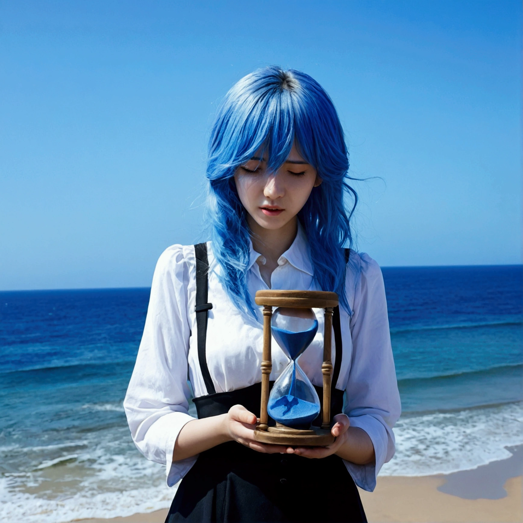 hourglass, hourglass, old, Blue Sand、Clear blue sky、blue sea、alchemy, alchemy師, secret、Blue-haired girl crying