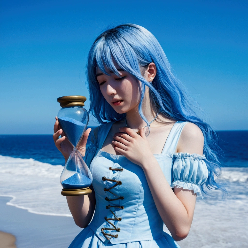 hourglass, hourglass, old, Blue Sand、Clear blue sky、blue sea、alchemy, alchemy師, secret、Blue-haired girl crying