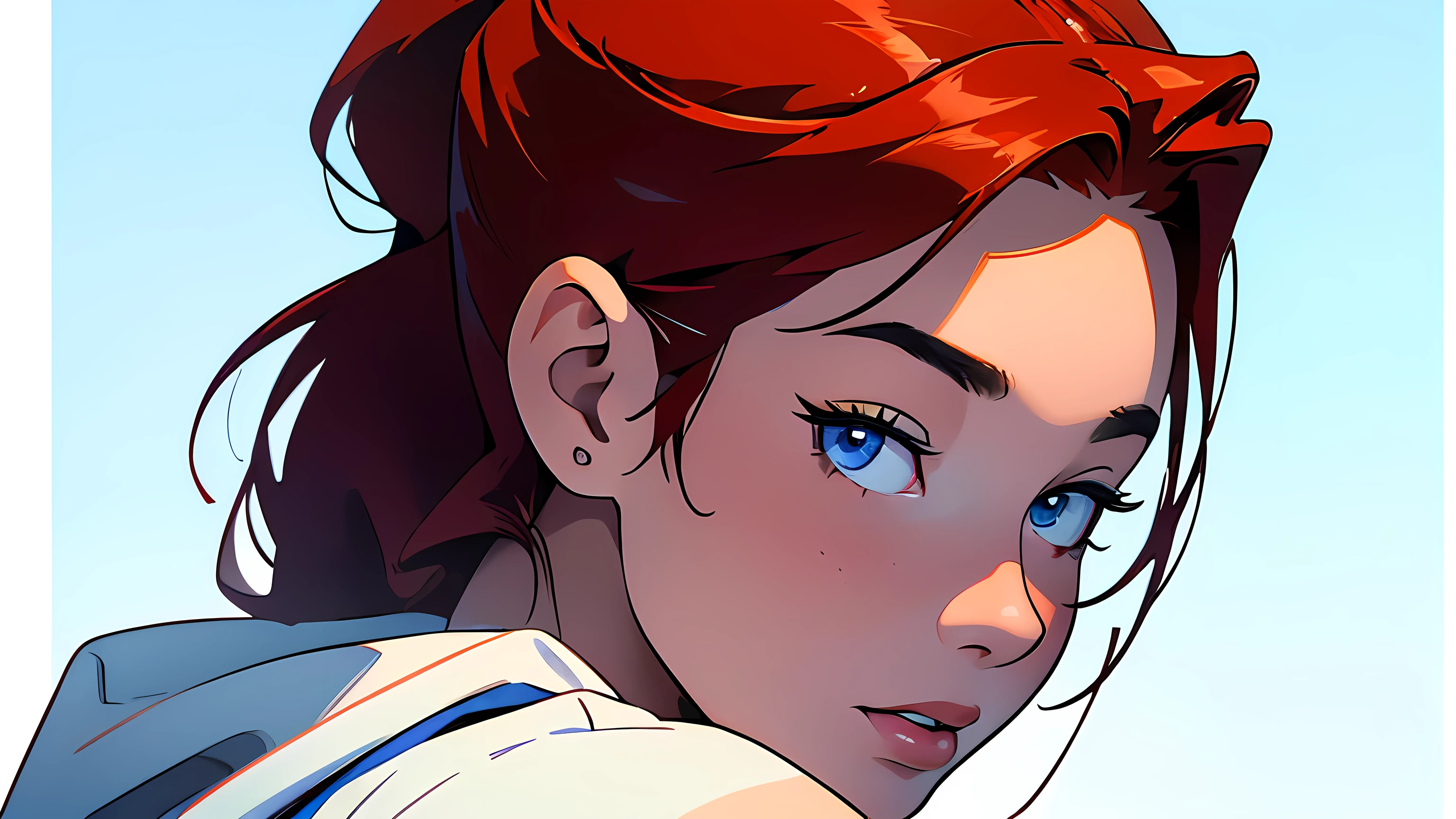 masterpiece, best quality, close up, portrait side view,1girl,the highest image quality, 21-year-old woman, looks like Olivia Dunne, bright red hair, blue eyes, White background, empty background