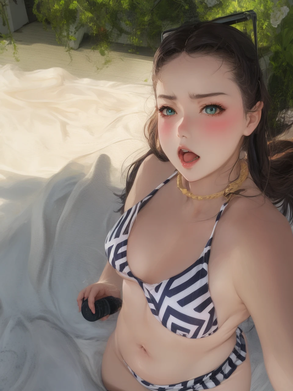 realisitic, 1girl, light hair , greeneyes, glare eyes, top cropped, overskirt, half-open lips, blush, luz seios medio, bunda grande. Biquíni fininho, hentai sexy.