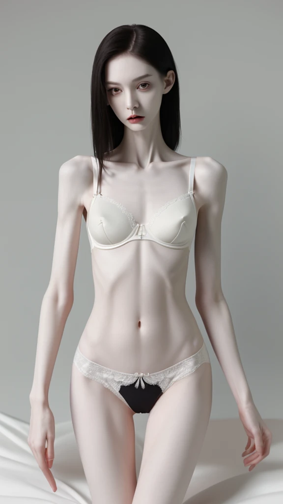 a woman, very thin body, body visible bones, very slender, pale white skin, panties, bra,tatto, full body, has a mental breakdown
