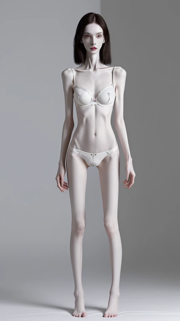 a woman, very thin body, body visible bones, very slender, pale white skin, panties, bra,tatto, full body, has a mental breakdown